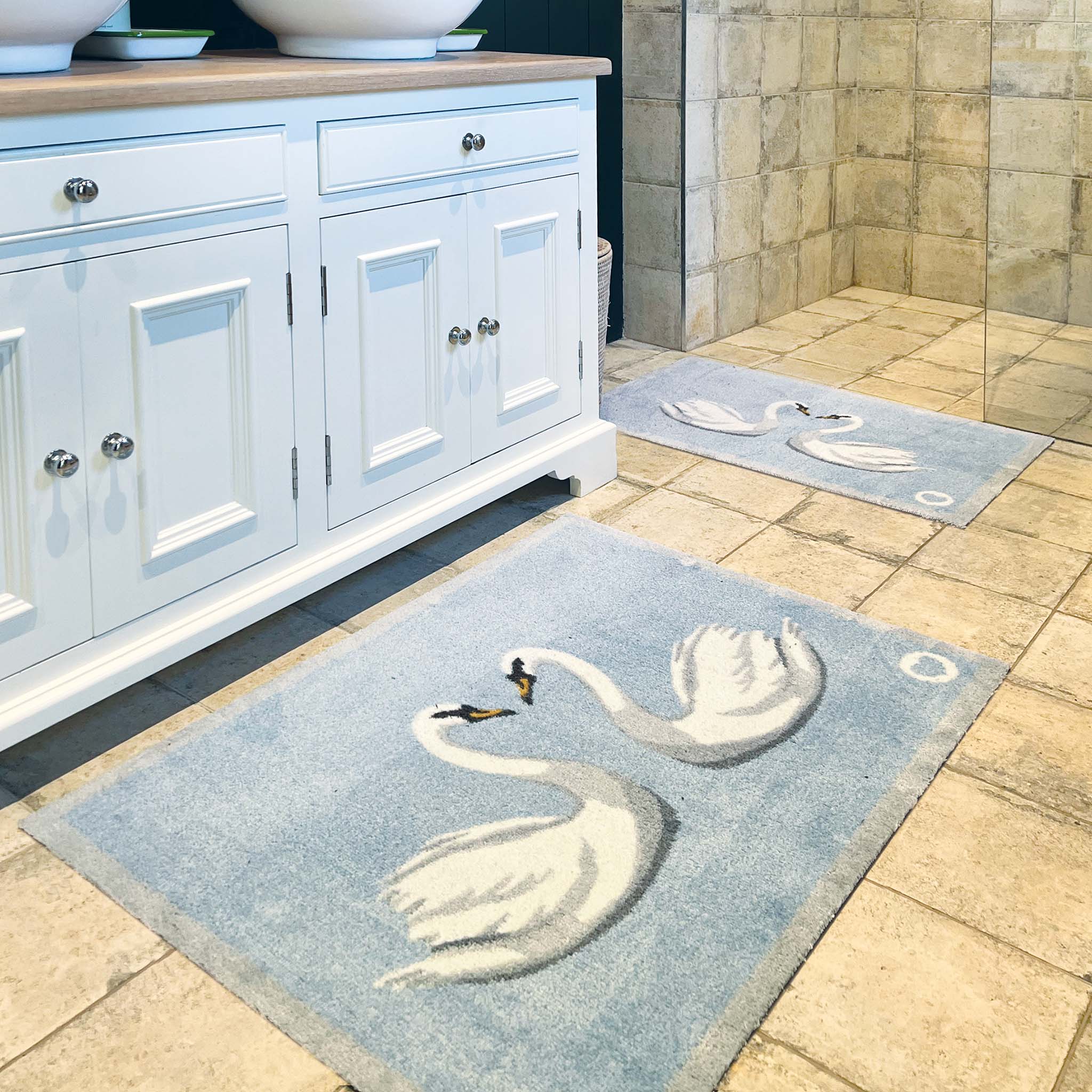 Swan 1 Blue Washable Bath Mat